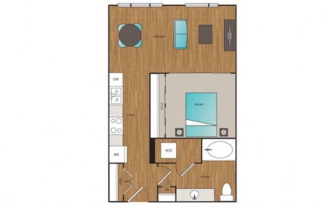 Floor plan for 1 bed, 1 bath, 632 sqft